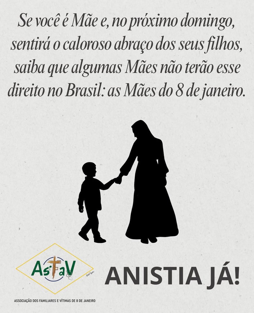 AsfavFamilias's tweet image. No mês das Mães a ASFAV lança a campanha: Mães do 08 de janeiro.
Às vésperas do Dia das Mães (11/05), a Associação dos Familiares e Vítimas do 8 de Janeiro (ASFAV) lança uma nova campanha de sensibilização à sociedade brasileira para a situação das mulheres presas em
decorrência…