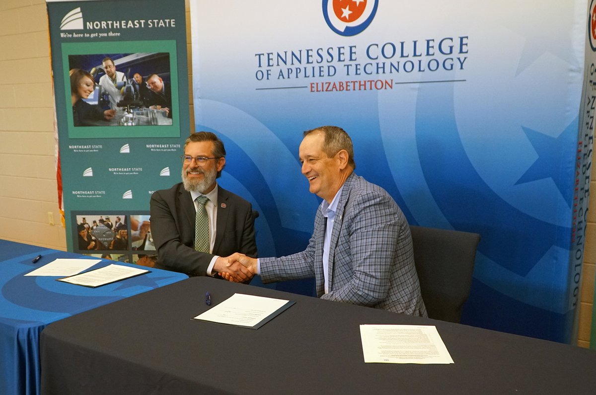 TCAT Elizabethton President Heath McMillian and NE State President Jeff McCord signed a new articulation agreement today to enhance transfer pathways for students in the Administrative Professional Technology program.
#Partnership #TransferOpportunities #StudentSuccess