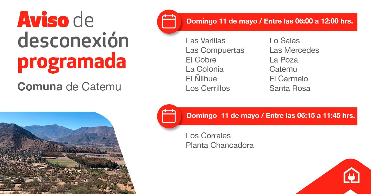 📣 #Chilquinta informa DESCONEXIÓN PROGRAMADA

🗓11 de mayo
📍Sector: Catemu
ℹ️Revisa el detalle de las zonas en: chilquinta.cl/interrupciones