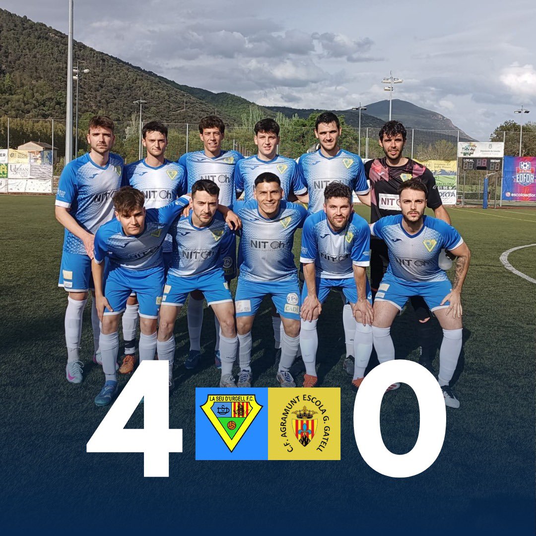 La Seu d'Urgell F.C. (@fclaseu) on Twitter photo JORNADA 28 ⚽🏆
La Seu FC 4️⃣ - 0️⃣ @cfagramunt 
GRAN i IMPORTANT VICTÒRIA en un bon partit de l’EQUIP dsprs d’una primera meitat per emmarcar que deixa l’objectiu de la permanència a toca. Seguim, Som-hi blaus! 💙
Gols: Aleix (2), Ander, Raya
. JORNADA 28 ⚽🏆
La Seu FC 4️⃣ - 0️⃣ @cfagramunt 
GRAN i IMPORTANT VICTÒRIA en un bon partit de l’EQUIP dsprs d’una primera meitat per emmarcar que deixa l’objectiu de la permanència a toca. Seguim, Som-hi blaus! 💙
Gols: Aleix (2), Ander, Raya
.