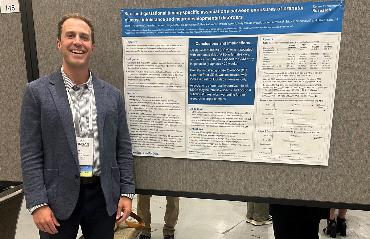Kaiser Permanente Research NorCal (@kpdor) on Twitter photo Kudos to Luke Grosvenor! His <a href="/KPDOR/">Kaiser Permanente Research NorCal</a> <a href="/kpnorcal/">KPNorthernCal</a> research presented at #INSAR2025 <a href="/AutismINSAR/">International Society for Autism Research, INSAR</a> found #gestationaldiabetes was associated with an increased risk of #autism spectrum disorder in females only, and only among those exposed in early gestation. #AutismINSAR Kudos to Luke Grosvenor! His <a href="/KPDOR/">Kaiser Permanente Research NorCal</a> <a href="/kpnorcal/">KPNorthernCal</a> research presented at #INSAR2025 <a href="/AutismINSAR/">International Society for Autism Research, INSAR</a> found #gestationaldiabetes was associated with an increased risk of #autism spectrum disorder in females only, and only among those exposed in early gestation. #AutismINSAR