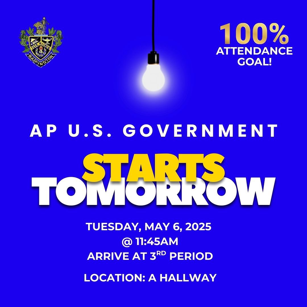 Tomorrow is AP U.S. Government &amp; our Eagles 🦅 are Ready to fly High towards a score of 3 or more on this upcoming exam. Parents please help your students to arrive to school each day on time. We look forward to having 100% of our students in attendance. 💙💛 #WereReady