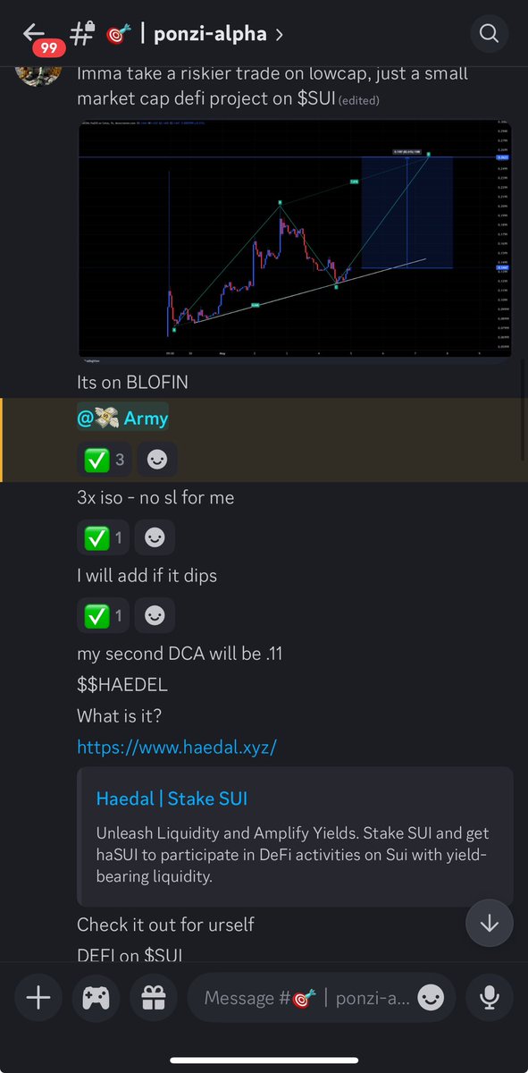 LieutenantPonzi's tweet image. Giving out bangers in my discord. 

Found $HAEDAL which is a lower cap defi project on $SUI and got long. 

Now currently up 25% since yesterday and counting. 

When technical analysis meets fundamentals and market experience.