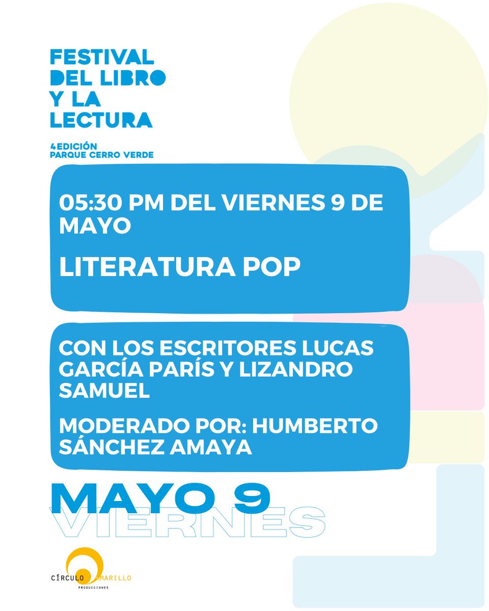 🎉¡Participaremos por primera vez en una feria del libro! Será en la 4ta edición del Festival del Libro y la Lectura, que se realizará en el CC Parque Cerro Verde, Ccs.

Ahí estaremos el 9 de mayo, a las 5: 45 pm, con la charla "Literatura pop"

Entrada libre y para toda la flia.