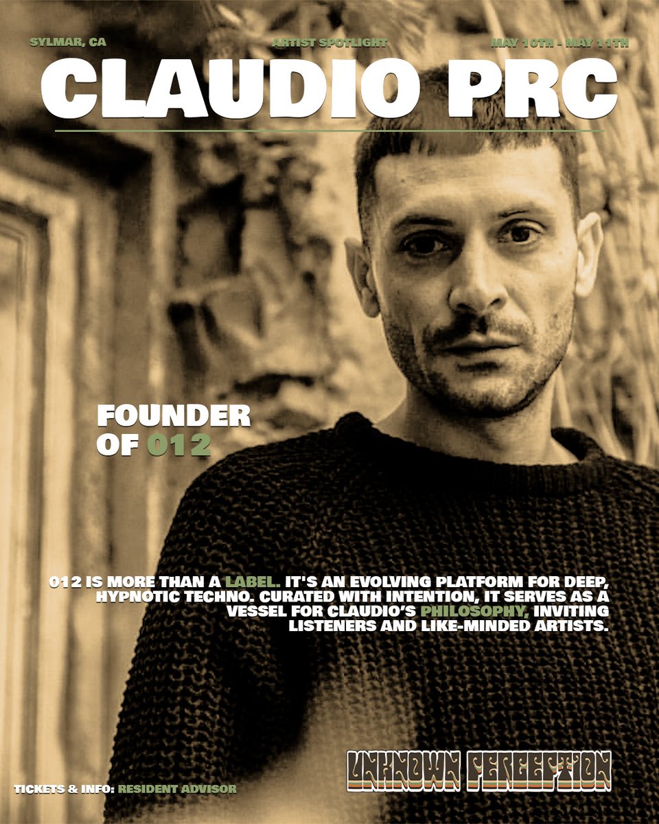 Italian deep techno visionary, Claudio PRC, headlines the debut of Unknown Perception on Saturday, May 10.
A master of atmospheric sound and emotional depth, Claudio—founder of 012 label—will guide us through an extended sunrise set in the stunning hills of Sylmar.