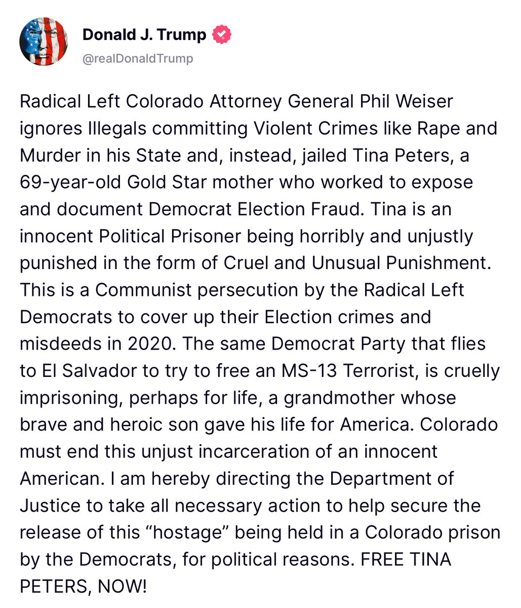 President Trump  calls on Colorado to Free Tina Peters.