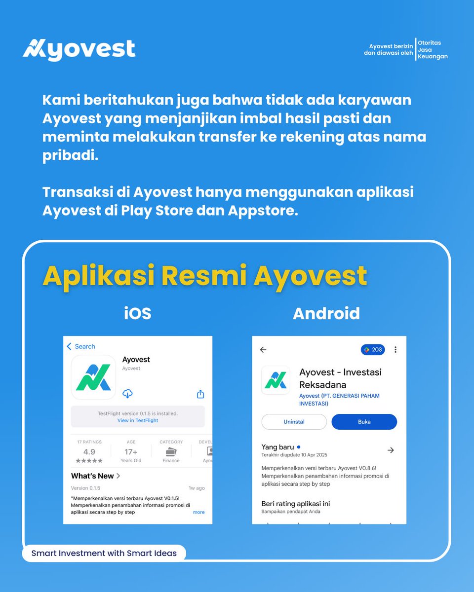 ayovestid's tweet photo. Waspada penipuan investasi mengatasnamakan Ayovest!

Ayovest tidak memiliki akun Telegram. Pastikan 2L saat berinvestasi.
✅ Legal: status perizinan (Badan Hukum &amp; Produk)
✅ Logis: imbal hasil wajar &amp; memiliki risiko https://t.co/CHSCUPrvDB