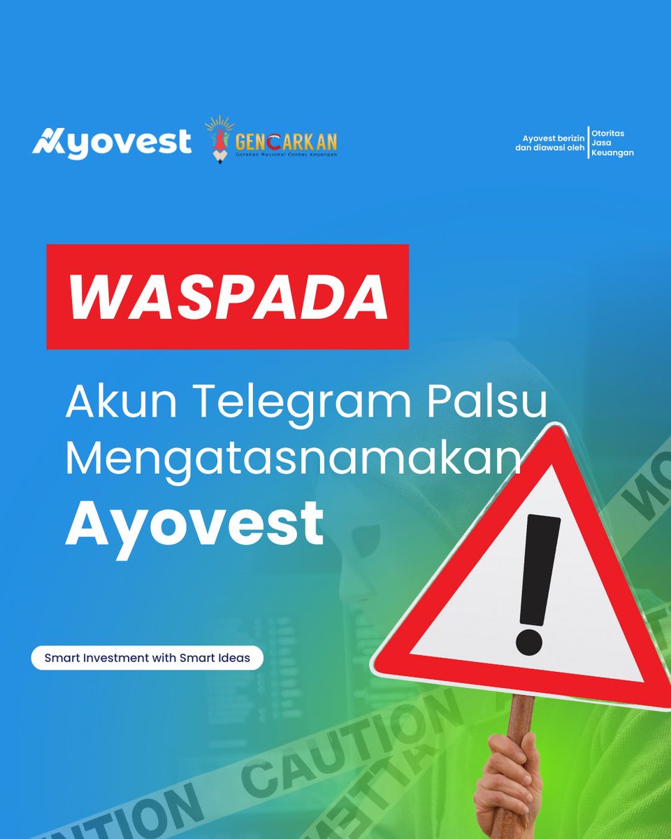 ayovestid's tweet photo. Waspada penipuan investasi mengatasnamakan Ayovest!

Ayovest tidak memiliki akun Telegram. Pastikan 2L saat berinvestasi.
✅ Legal: status perizinan (Badan Hukum &amp; Produk)
✅ Logis: imbal hasil wajar &amp; memiliki risiko https://t.co/CHSCUPrvDB