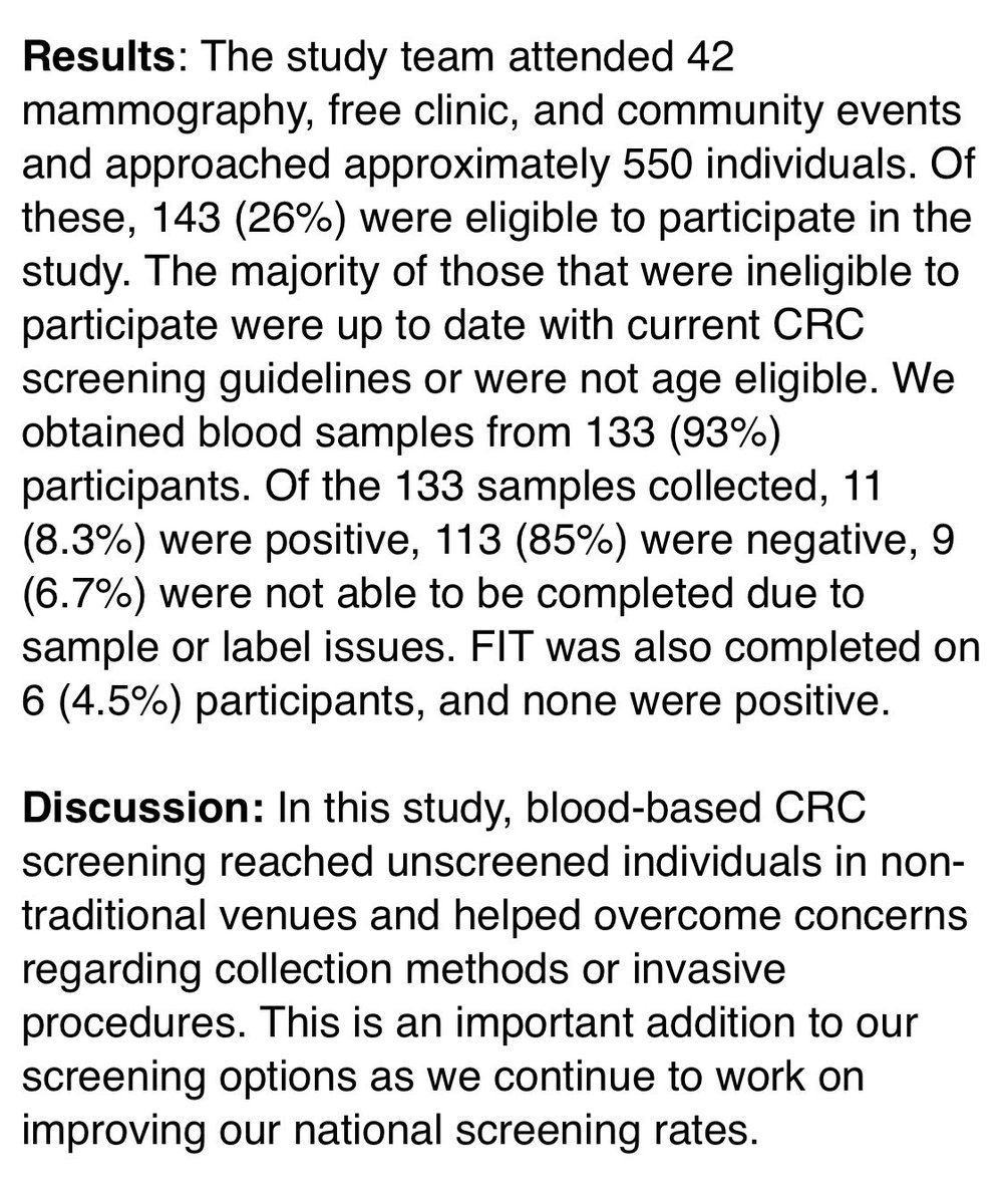 Aline Charabaty, MD, FACG, AGAF (@dcharabaty) on Twitter photo #DDW2025 Blood-based colon CA dx (Shield):
🔺143 pts >45, not up to date w CRC screening recs, no h/o polyps/CA
🔺FIT vs Shields offered: 95% chose Shields
IMO 👍🏼option in
✔️unscreened
✔️💩collection or CLN reluctance
👍🏼Help
✔️prioritize CLN in areas w GI shortage
✔️POC testing #DDW2025 Blood-based colon CA dx (Shield):
🔺143 pts >45, not up to date w CRC screening recs, no h/o polyps/CA
🔺FIT vs Shields offered: 95% chose Shields
IMO 👍🏼option in
✔️unscreened
✔️💩collection or CLN reluctance
👍🏼Help
✔️prioritize CLN in areas w GI shortage
✔️POC testing