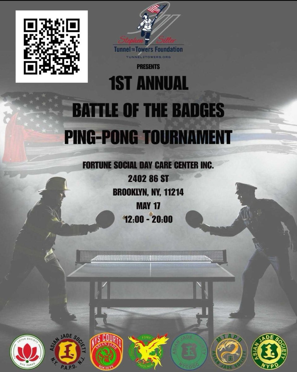 The T2T, in collaboration with various Asian American law enforcement and fire service organizations, will host the 1st Annual "Battle of the Badges" Ping-Pong Tournament on May 17, 2025, from 12:00 PM to 8:00 PM at 2402 86th Street BK

Participating organizations include the