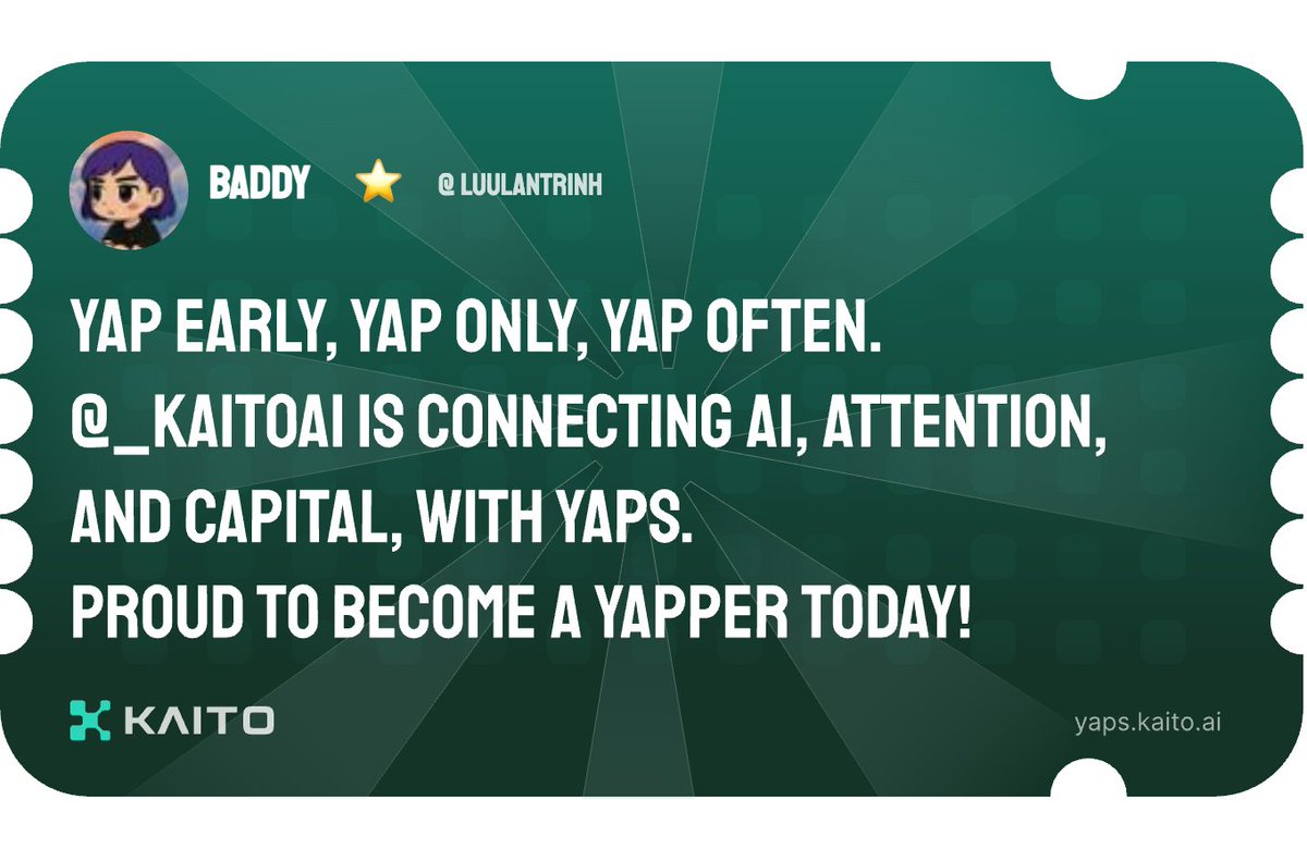 luulantrinh's tweet image. Yap early, yap only, yap often.

@KaitoAI is connecting AI, attention and capital with Yaps.

Just claimed my social card and I&apos;m accumulating Yap points in real-time.

Claim yours 👉 yaps.kaito.ai/referral/16768…