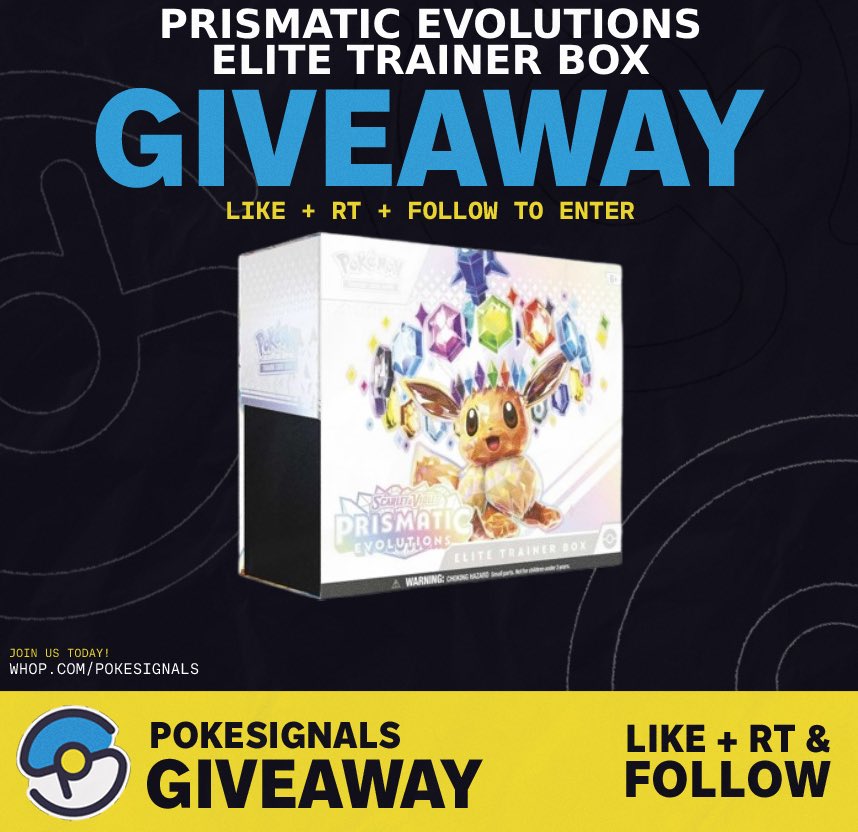 Poke Signals (@pokesignals) on Twitter photo 🚨 GIVEAWAY TIME (AGAIN)! 🚨
We weren’t joking when we said we’re entering our giveaway era.
This time, one lucky winner will receive a Prismatic Evolutions Elite Trainer Box!
To enter:
✅ Follow us <a href="/PokeSignals/">Poke Signals</a>
✅ Retweet this post
✅ Like this post
If you feel like it, 🚨 GIVEAWAY TIME (AGAIN)! 🚨
We weren’t joking when we said we’re entering our giveaway era.
This time, one lucky winner will receive a Prismatic Evolutions Elite Trainer Box!
To enter:
✅ Follow us <a href="/PokeSignals/">Poke Signals</a>
✅ Retweet this post
✅ Like this post
If you feel like it,