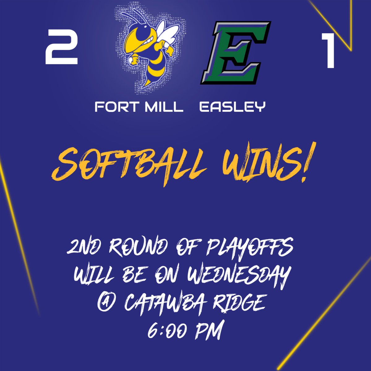 Fort Mill wins! Softball moves on to the 2nd round of playoffs which will be @ Catawba Ridge on Wednesday @ 6PM! #WeAreFortMill #GoJackets
