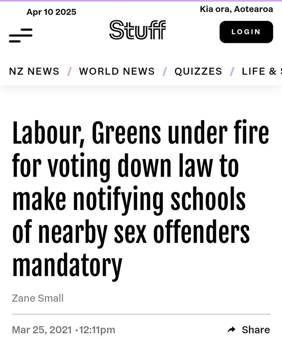 Back in 2021 the Greens voted down a law to notify schools of nearby sex offenders. Why would they do that? Oh, that's right, they apparently like them. INVESTIGATE DOYLE NOW!
<a href="/_chloeswarbrick/">Chlöe Swarbrick</a>

<a href="/MaramaDavidson/">🏳️‍⚧️Marama Davidson MP</a>

<a href="/Benjamindoyle/">Benjamin Doyle</a>

<a href="/winstonpeters/">Winston Peters</a>

<a href="/dbseymour/">David Seymour</a>

<a href="/chrisluxonmp/">Christopher Luxon</a>