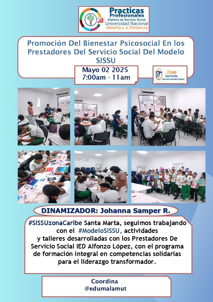 Johanna Samper (@jsamperrobles) on Twitter photo <a href="/Edumalamut/">Eduar Malamut Gómez</a>
#SISSUzonaCaribe Santa Marta, seguimos trabajando con el #ModeloSISSU, actividades y talleres desarrolladas con los Prestadores De Servicio Social IED Alfonzo López, con el programa de formación integral en competencias solidarias para el liderazgo transformador. <a href="/Edumalamut/">Eduar Malamut Gómez</a>
#SISSUzonaCaribe Santa Marta, seguimos trabajando con el #ModeloSISSU, actividades y talleres desarrolladas con los Prestadores De Servicio Social IED Alfonzo López, con el programa de formación integral en competencias solidarias para el liderazgo transformador.