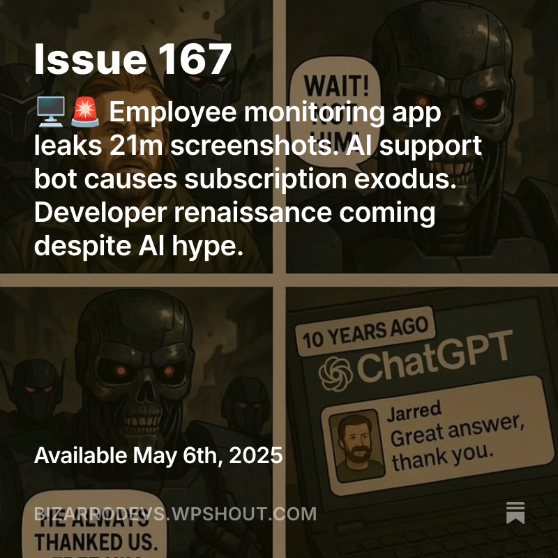 BizarroDevs's tweet image. The May issue of Bizarro Devs drops tomorrow! 📰

Get ready for all kinds of interesting stories, crazy statistics, useful resources and tools, and more.

#WebDev #TechNews #TechNewsletter #AI #DevStuff