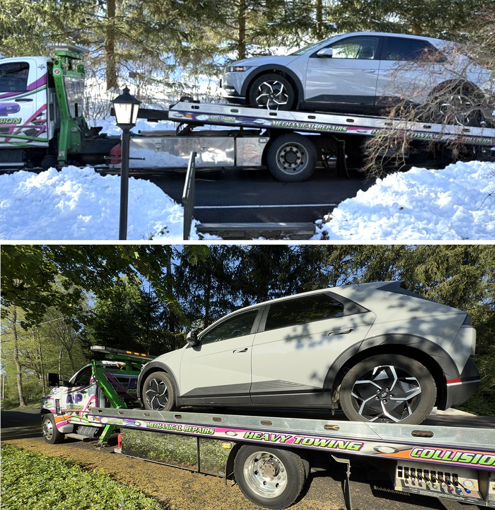 ricksammon's tweet photo. Hey @Hyundai  re my case # 402 479 12. When I worked at Bozell and Jacobs (big ad firm in NYC) in the 1990, we had @Chrysler as a client. I had a sign on my desk: People want to know how much you care before how much you know.
 I am getting the feeling, as many folks agree on social, that @Hyundai does not care about its customers.
These photos show my Iconiq 5 being towed due to the 12V batter dying. This has happened 4 times. Curry Hyunida in NY has been zero help. They do not care. At all.
#customerService #CustomerExperience #customerfail @BBBTriCounties @BetterBU