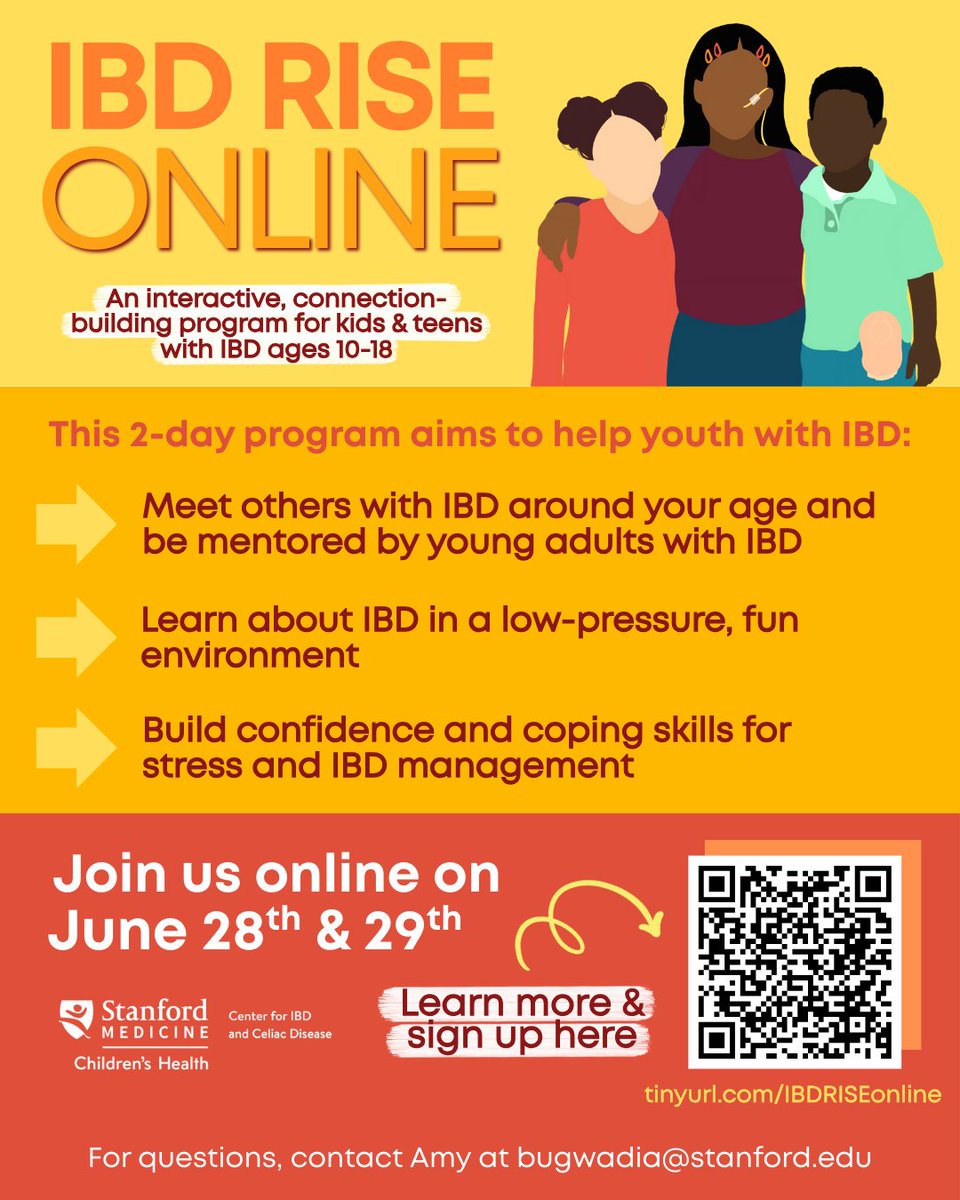 Amy Bugwadia, MS (@amybugwadia) on Twitter photo After a successful pilot of #IBDRISE at <a href="/SMCH_IBD_Celiac/">Stanford Childrens Center for IBD & Celiac Disease</a>, we're excited to launch the 2.0 #online version 🎉Via activities led by young adults w/ IBD, 10-18 y/o with #IBD can meet others & build confidence + coping skills!
🔗for kids & teens to sign up: tinyurl.com/IBDRISEonline After a successful pilot of #IBDRISE at <a href="/SMCH_IBD_Celiac/">Stanford Childrens Center for IBD & Celiac Disease</a>, we're excited to launch the 2.0 #online version 🎉Via activities led by young adults w/ IBD, 10-18 y/o with #IBD can meet others & build confidence + coping skills!
🔗for kids & teens to sign up: tinyurl.com/IBDRISEonline