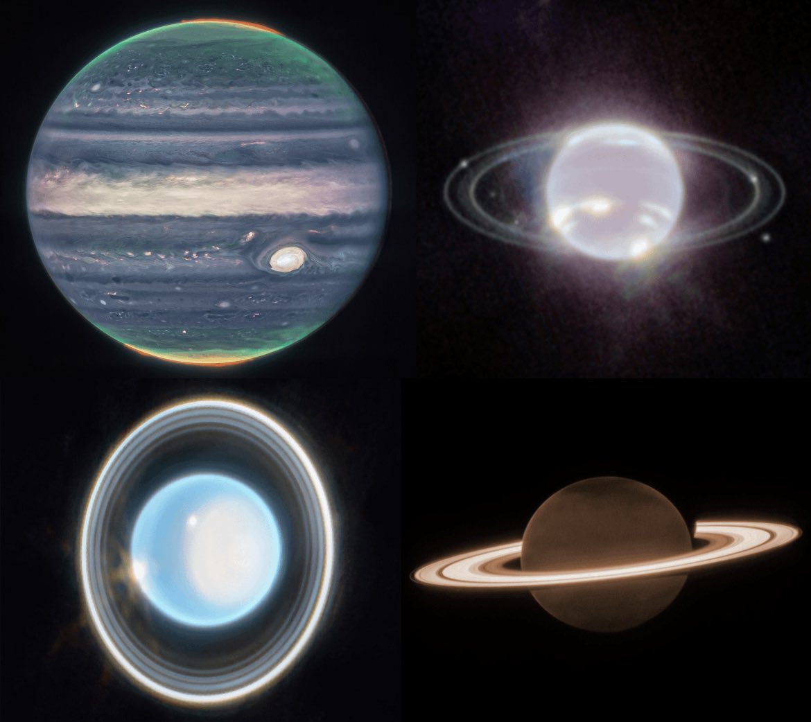 redditSpaceView's tweet image. All four gas giants captured by the James Webb Space Telescope