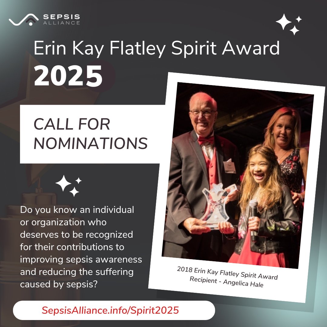 Nominations are open for the 2025 Erin Kay Flatley Spirit Award! 

The Erin Kay Flatley Spirit Award recognizes outstanding dedication, sacrifice, and contribution to improving the care and lives of #sepsis patients. Erin was a passionate young woman who wanted to be an