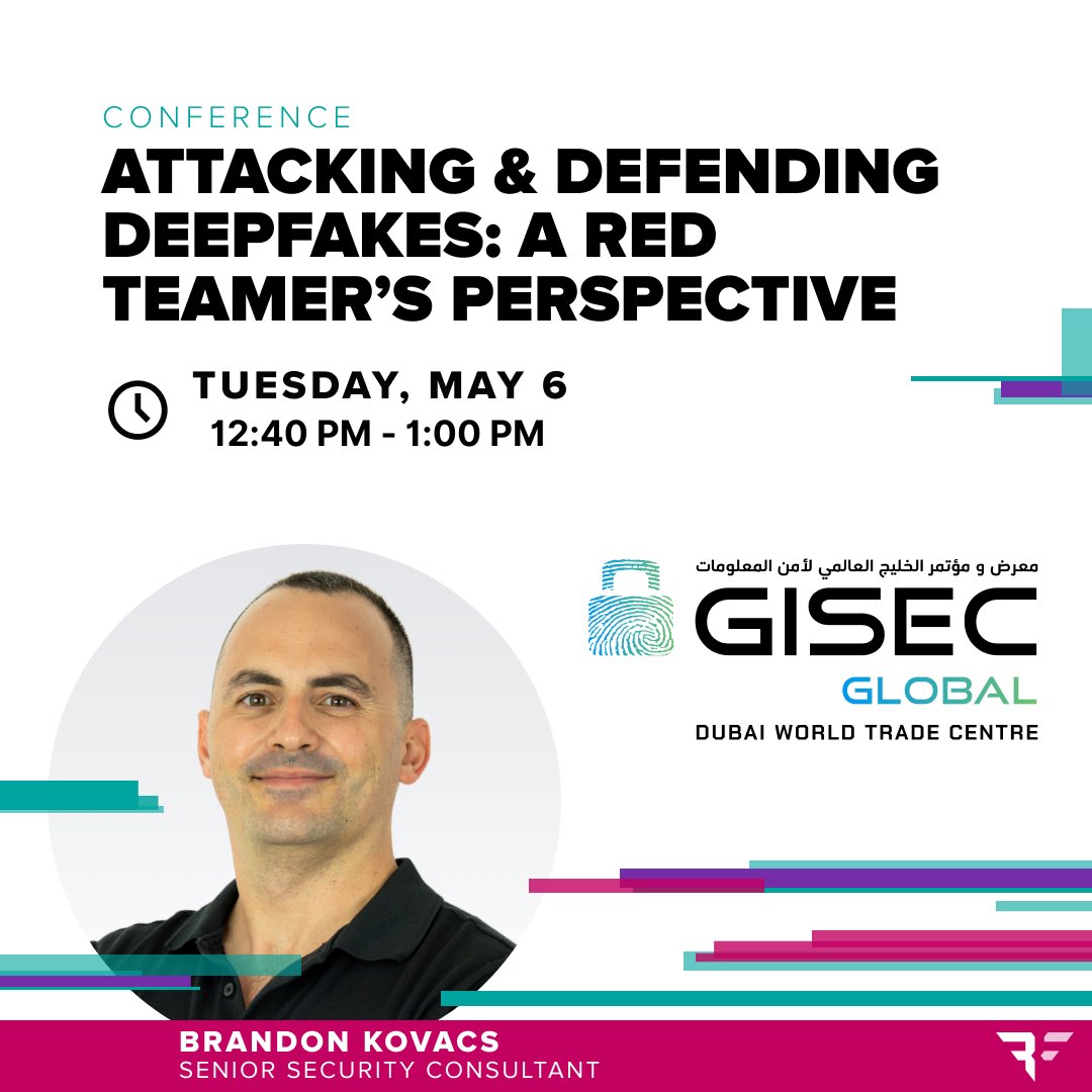 Bishop Fox (@bishopfox) on Twitter photo Tomorrow at <a href="/GISECGlobal/">GISEC GLOBAL</a>: Senior Security Consultant <a href="/brandonkovacs/">Brandon Kovacs</a> is presenting “Attacking & Defending Deepfakes: A Red Teamer's Perspective.” Don’t miss if you’re in Dubai. #redteam #deepfakes
More: bfx.social/4k83v3T Tomorrow at <a href="/GISECGlobal/">GISEC GLOBAL</a>: Senior Security Consultant <a href="/brandonkovacs/">Brandon Kovacs</a> is presenting “Attacking & Defending Deepfakes: A Red Teamer's Perspective.” Don’t miss if you’re in Dubai. #redteam #deepfakes
More: bfx.social/4k83v3T