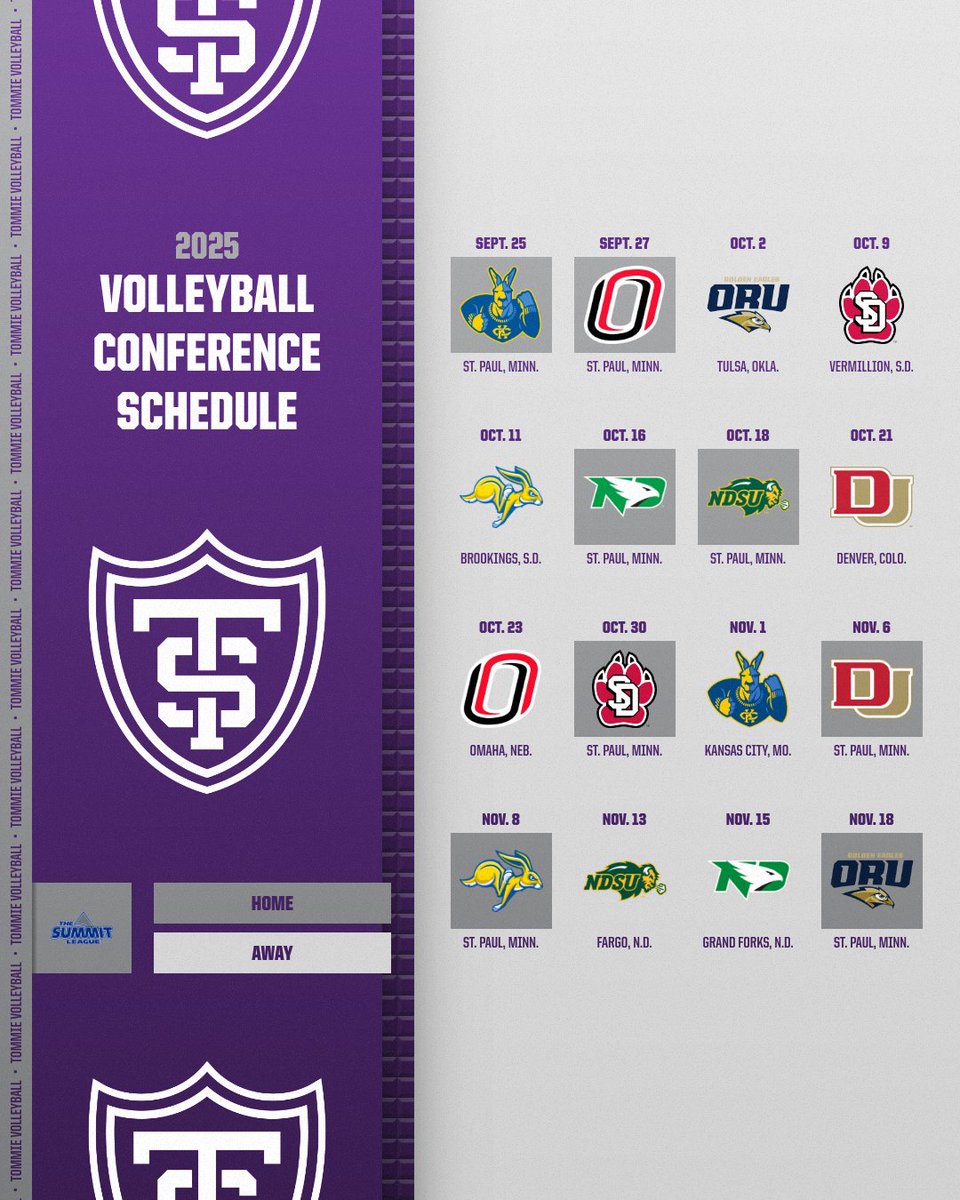 St. Thomas Volleyball (@tommievball) on Twitter photo Another step closer to 2025
⬇️Mark your calendars for <a href="/TheSummitLeague/">The Summit League</a> schedule⬇️
#RollToms Another step closer to 2025
⬇️Mark your calendars for <a href="/TheSummitLeague/">The Summit League</a> schedule⬇️
#RollToms