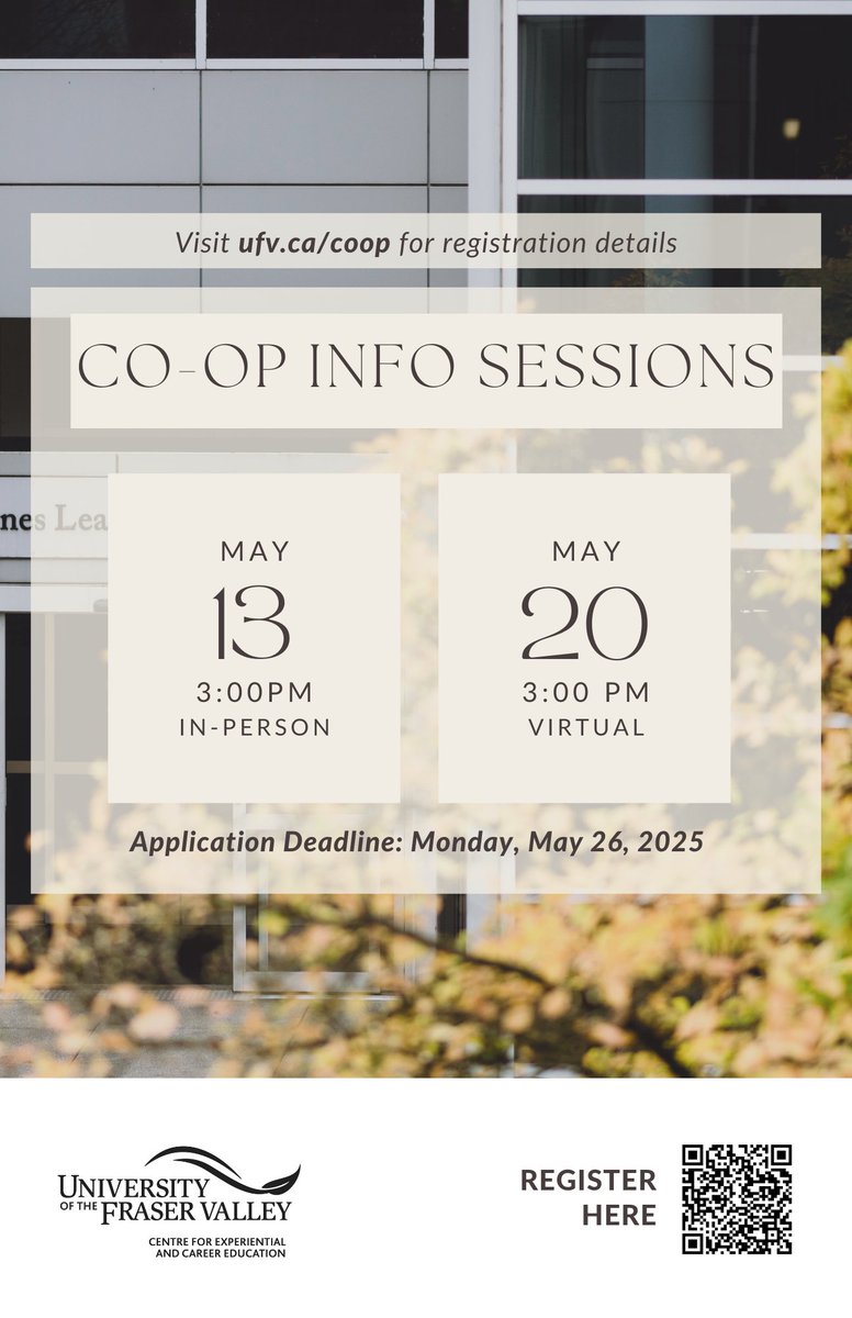 UFV Business School (@ufvbusinfo) on Twitter photo π UFV STUDENTS - Want PAID WORK EXPERIENCE while you study?
Join a CO-OP INFO SESSION!
π
May 13 (in-person) or May 20 (virtual) at 3 PM
π― Register via CareerLink (ufv.ca/coop)
π DEADLINE: May 26
π§ coop@ufv.ca
#UFV #GoUFV #UFVCoop #WorkExperience #CareerPrep π UFV STUDENTS - Want PAID WORK EXPERIENCE while you study?
Join a CO-OP INFO SESSION!
π
May 13 (in-person) or May 20 (virtual) at 3 PM
π― Register via CareerLink (ufv.ca/coop)
π DEADLINE: May 26
π§ coop@ufv.ca
#UFV #GoUFV #UFVCoop #WorkExperience #CareerPrep
