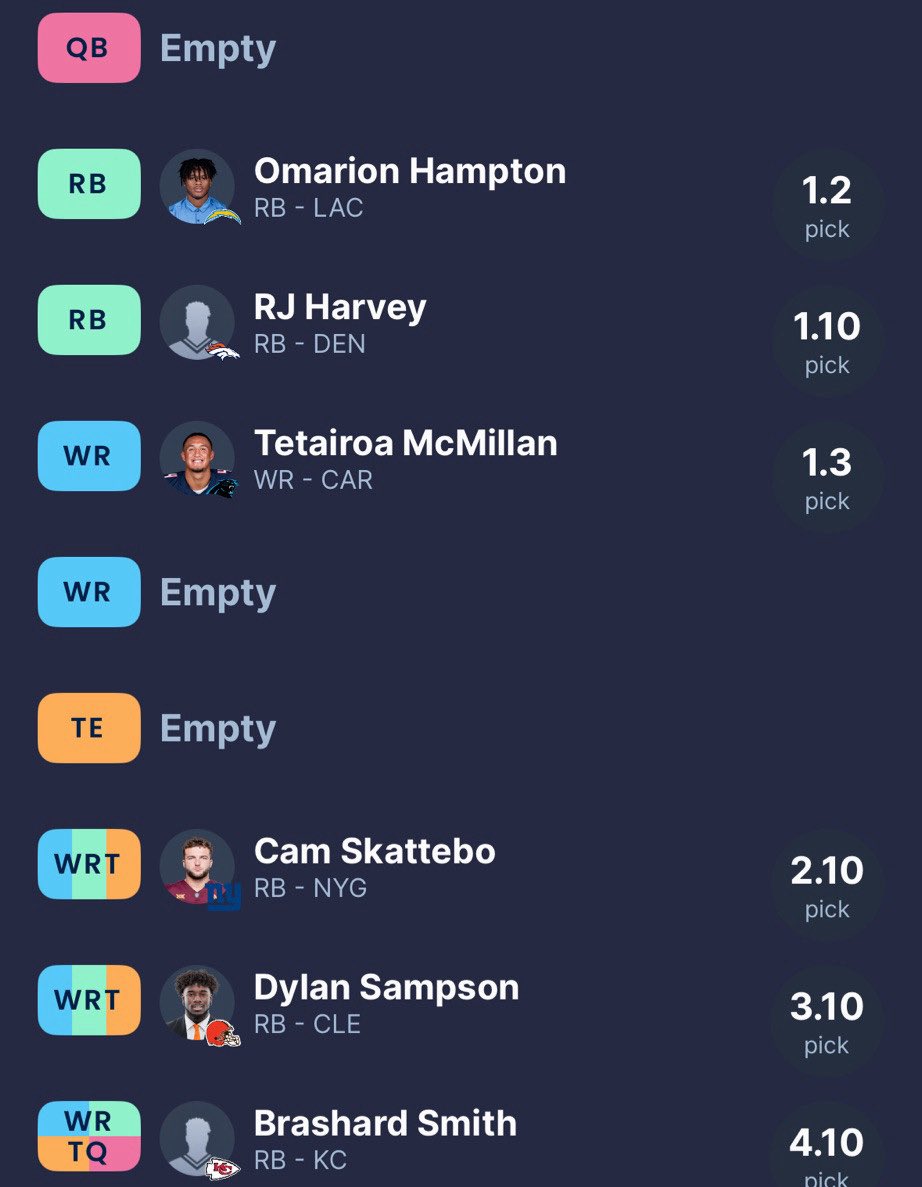 DevinJFantasy's tweet image. Completed my first dynasty rookie draft last week. 10 team, SF, PPR
RBs: Omarion Hampton, RJ Harvey, Cam Skettebo, Dylan Sampson, Brashard Smith in the draft & Trevor Etienne, Woody Marks off waivers
Got sniped on Kaleb Johnson, Bhayshul Tuten, DJ Giddens
WR: Tetairoa McMillan
