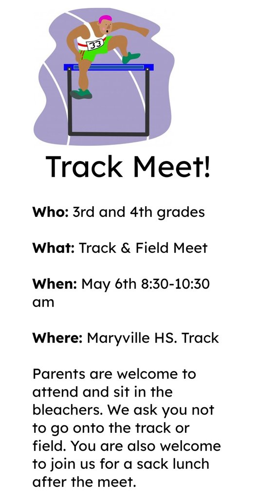 3rd and 4th Grade Track and Field Meet tomorrow!  Come out and cheer them on!!