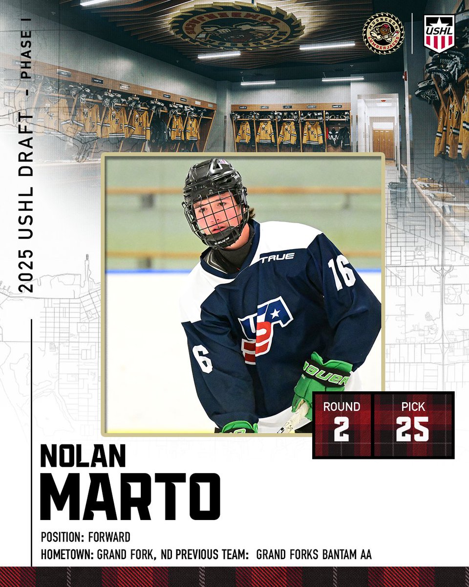 MuskegonJacks's tweet photo. With the 25th overall pick the Lumberjacks selected An intelligent forward in Nolan Marto. The Grand Forks, ND native appeared in 50 games for Grand Forks Bantam AA this season recording 126 points. https://t.co/OFADsDeuPV