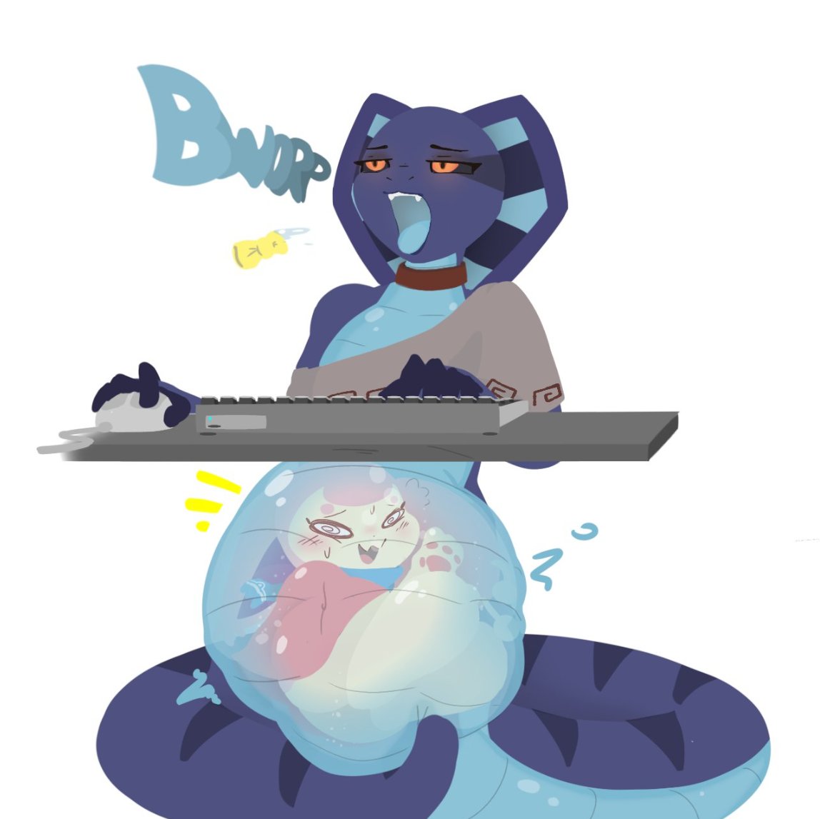 𝑩𝒐𝒓𝒑 ~ •○.°.• 
Bwah- Sorry omgosh, she's kicking a lot down there 
x- x

More amazing #vore art from an adorable little snack :D
( 🎨<a href="/Herbalhairball/">Whisper</a> 💙🫧 )