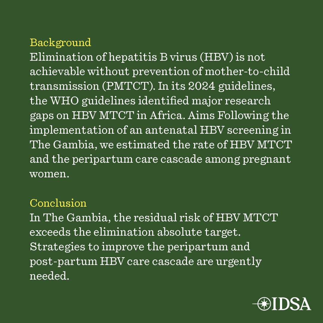 Journal of Infectious Diseases (@jidjournal) on Twitter photo Residual risk of hepatitis B virus (HBV) mother-to-child transmission and gaps in HBV care cascades among pregnant women in The Gambia: the INFANT-B study
✅ Just Accepted
✍️ <a href="/gndow/">Gibril NDOW</a> <a href="/ProlificaA/">Prolifica Africa</a> <a href="/mrcunitgambia/">MRC Unit The Gambia at LSHTM</a> <a href="/IHepatology/">Imperial Hepatology</a> <a href="/Maud_lemoine/">Maud Lemoine</a>
🔗 doi.org/10.1093/infdis… Residual risk of hepatitis B virus (HBV) mother-to-child transmission and gaps in HBV care cascades among pregnant women in The Gambia: the INFANT-B study
✅ Just Accepted
✍️ <a href="/gndow/">Gibril NDOW</a> <a href="/ProlificaA/">Prolifica Africa</a> <a href="/mrcunitgambia/">MRC Unit The Gambia at LSHTM</a> <a href="/IHepatology/">Imperial Hepatology</a> <a href="/Maud_lemoine/">Maud Lemoine</a>
🔗 doi.org/10.1093/infdis…