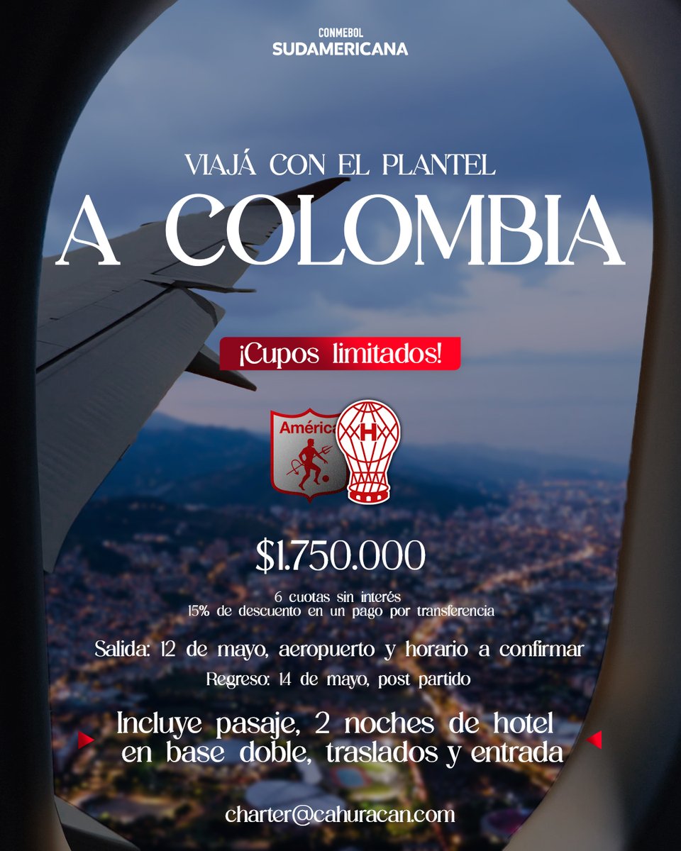 ¡Acompañá al Globo a Colombia en la Sudamericana! ✈️

Ya podés conseguir tu lugar en el vuelo chárter a Cali para alentar al equipo contra América 🇨🇴

➡️ Salida desde aeropuerto a confirmar: lunes 12/5 (horario a confirmar)

⬅️ Regreso: miércoles 14/5 una vez finalizado el