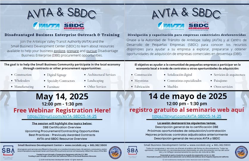 AVTA, with SBDC, will be holding an Educational Outreach and Training Workshop for business owners interested in becoming a certified Disadvantaged Business Enterprise (DBE).  This  no cost, online webinar will be held on 05.14.25, 12-1:30PM. avta.com/media-release