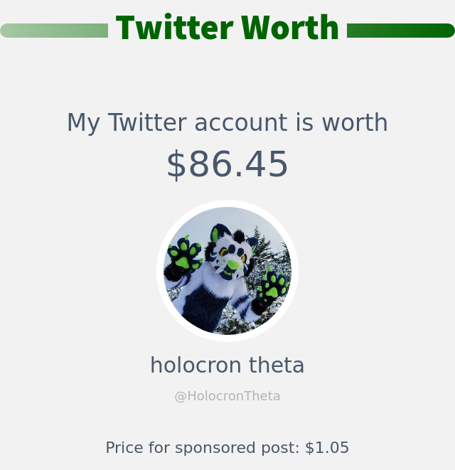 My Twitter worth is: $86.45

➡️ infinityweet.me/account-worth
