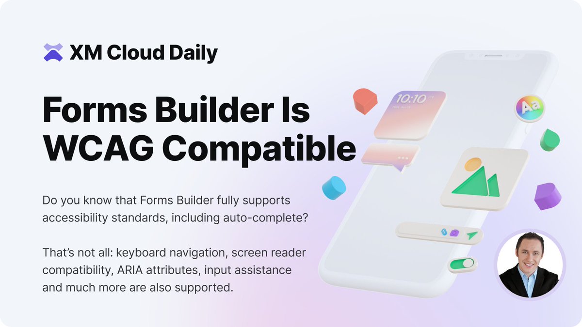 Did you know that the <a href="/Sitecore/">Sitecore</a> #XM #Cloud #Forms #Builder fully supports #Accessibility #Standards:

Autocomplete
Keyboard Navigation
Screen Reader Compatibility
Form Labels &amp; Instructions
Error Handling
ARIA Attributes
Responsive Design
Input Assistance

doc.sitecore.com/xmc/en/users/x…