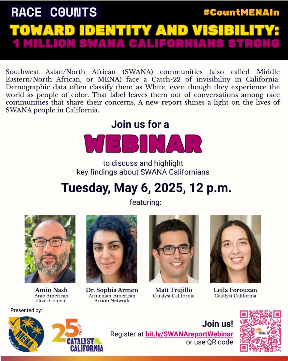 Join us tomorrow at noon for a webinar exploring this diverse population of Californians! Sign up for the deep dive: QR or bit.ly/SWANAreportWeb…