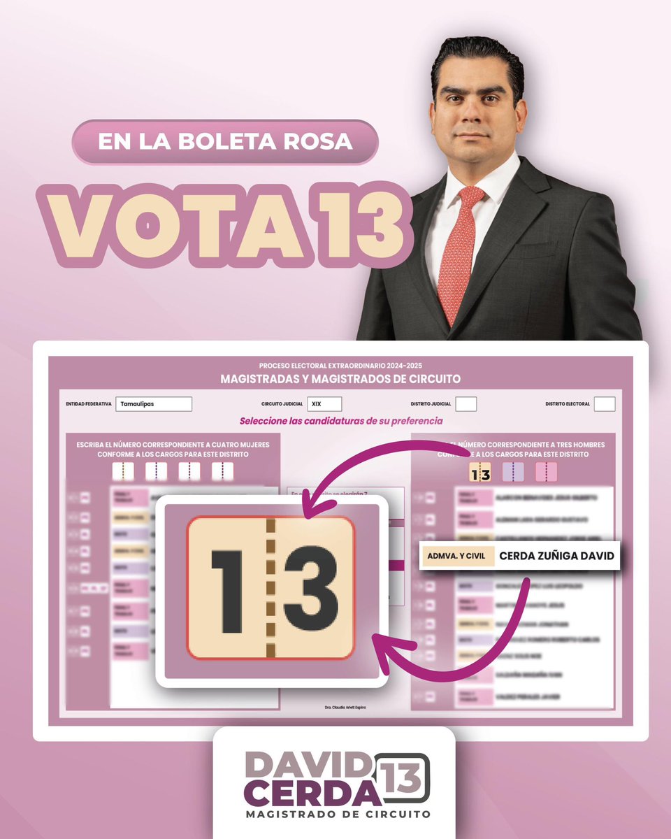 David_Cerda19's tweet photo. Tengo experiencia y capacidad para impartir una justicia que priorice el cuidado de la dignidad y la protección de los derechos humanos.
Este domingo 1° de junio, vota 13 en la boleta rosa.
#DavidCerda #MagistradoDeCircuito #Tamaulipas #BoletaRosa #ReformaJudicial #PoderJudicial #Vota13