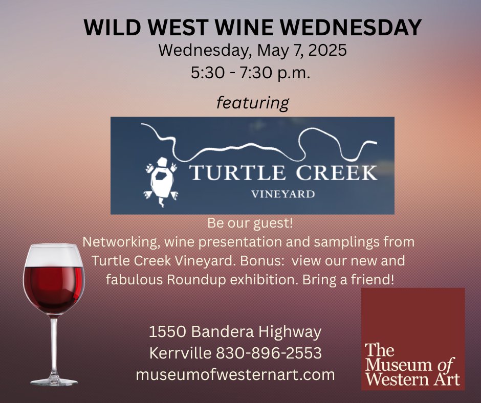 MoWAKerrvilleTX (@mowakerrvilletx) on Twitter photo Art & wine lovers, unite! 🍷 Join us Wednesday night for a FREE wine event at Kerrville’s #2 U.S. Western Art Museum. <a href="/MoWAKerrvilleTX/">MoWAKerrvilleTX</a> #WesternArt #WineNight Art & wine lovers, unite! 🍷 Join us Wednesday night for a FREE wine event at Kerrville’s #2 U.S. Western Art Museum. <a href="/MoWAKerrvilleTX/">MoWAKerrvilleTX</a> #WesternArt #WineNight