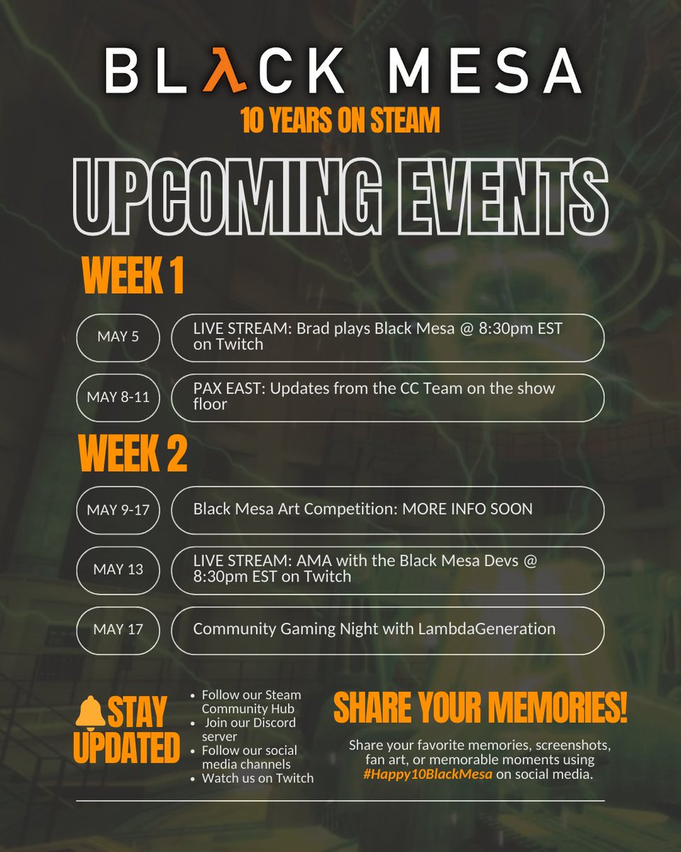 We've got an entire month of celebrations planned to mark this milestone, including:

🎮 Community Events
💰 Special Anniversary Sale
🎁 Special Giveaways
🎉 And more surprises to come!

Everyone is invited to this party! 🎊 #Happy10BlackMesa