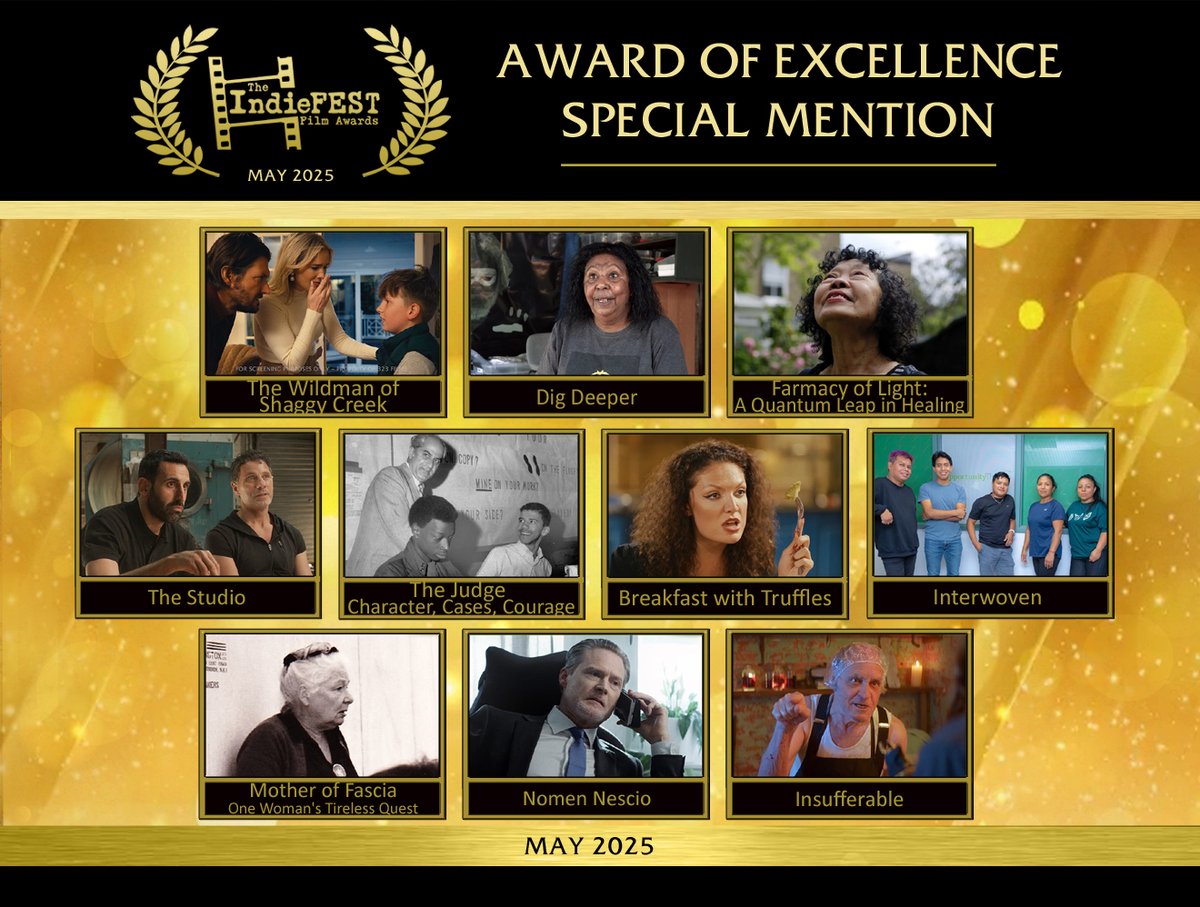 Congrats to the AWARD OF EXCELLENCE “SPECIAL MENTION” winners! The “TOP TEN” of the competition—each project an extraordinary display of cinematic excellence, technical mastery, and imaginative storytelling. The judges applaud your stellar achievements theindiefest.com