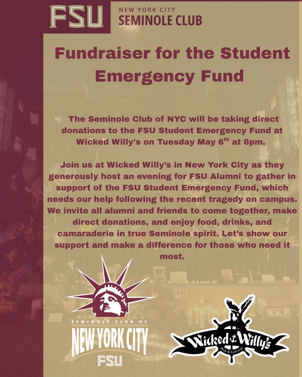FSUnyc's tweet image. Join us tomorrow May 6th, at 6pm at @wickedwillysnyc. The Seminole Club of NYC will be taking direct donations to the FSU Student Emergency Fund. 

@wickedwillysnyc is generously donating their space and offering a complimentary beverage to all that join.
