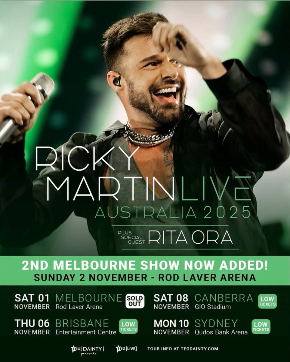 RondenePR (@rondenepr) on Twitter photo With the first Melbourne show officially SOLD OUT, and due to overwhelming demand, global music icon <a href="/ricky_martin/">Ricky Martin</a> announced a second and final Melbourne show of his “Ricky Martin Live 2025 Tour.” The newly added show will take place on Cup Weekend,November 2 at Rod Laver Arena With the first Melbourne show officially SOLD OUT, and due to overwhelming demand, global music icon <a href="/ricky_martin/">Ricky Martin</a> announced a second and final Melbourne show of his “Ricky Martin Live 2025 Tour.” The newly added show will take place on Cup Weekend,November 2 at Rod Laver Arena