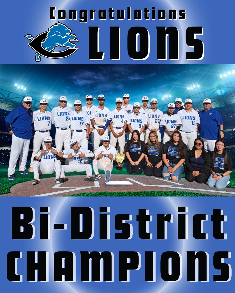 ClintISD's tweet photo. ￼ Congratulations to Clint Lions Baseball ￼

Our Lions are the 2025 4A Bi-District Champions and 2-4A District Champions! 

We wish you much luck in the area playoffs against Randall High School from Canyon ISD on May 9 &amp; 10, 2025. Way to go LIONS! ￼ 🍀🦁

#YouMakeUsClintISD https://t.co/aXM9u7aXUQ