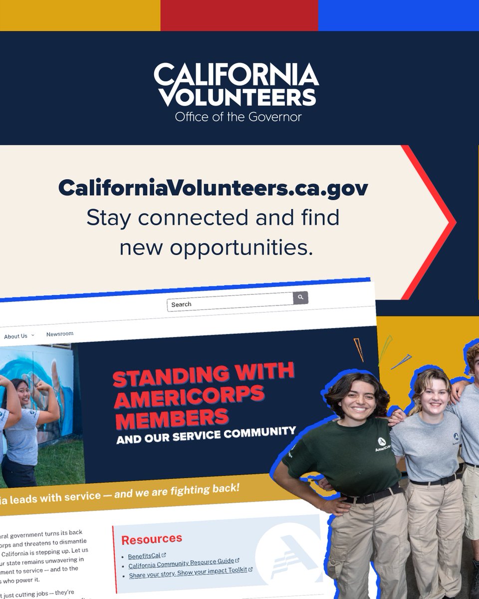 CalVolunteers's tweet photo. 🧡 If you’ve served with @AmeriCorps, California’s got your back.

We’ve launched resources to support you, spotlight your story &amp; help with next steps:

➡ Food, healthcare &amp; benefits
➡ New service roles
➡ Share why service matters

📲 Visit https://t.co/QC4yy4AQoz https://t.co/EnzZHzfNS9