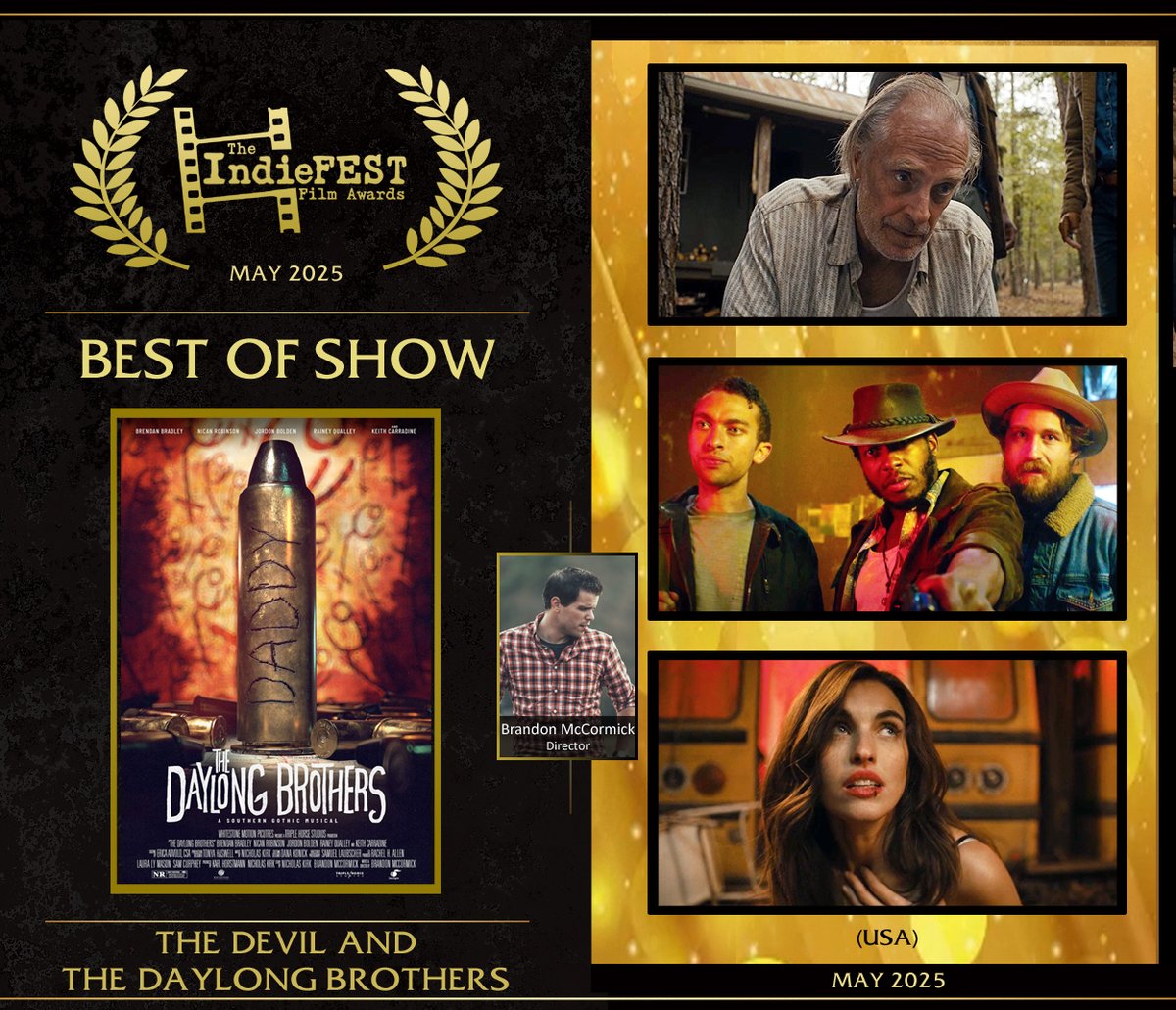 Congrats to BEST OF SHOW winner Brandon McCormick for The Devil and the Daylong Brothers — a mind-bending, genre-blending triumph! Southern Gothic meets supernatural horror meets Western musical. Style, soul &amp; dark humor in one wildly inventive ride. 🔥 TheIndieFEST.com