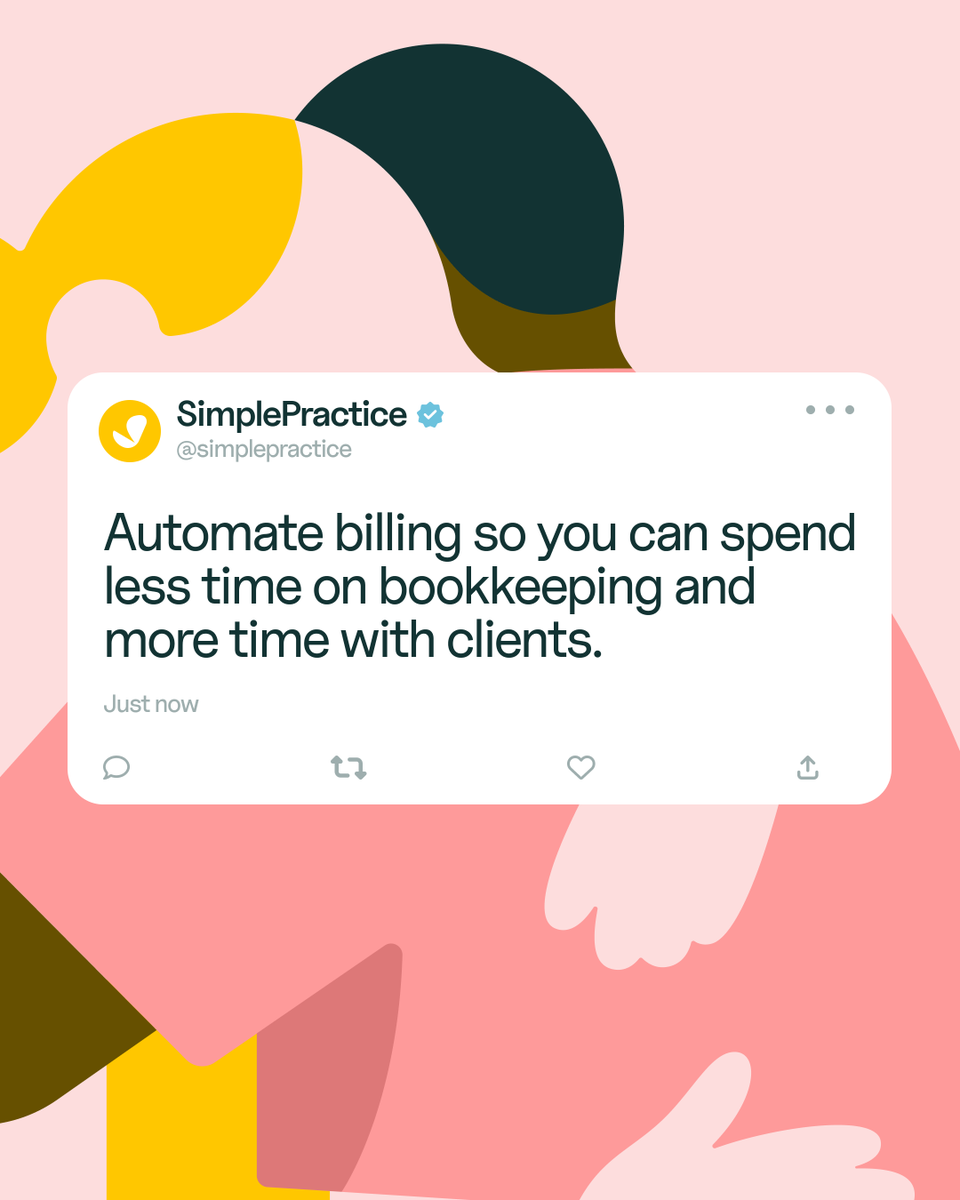 Simplify your workload and reclaim your time.

Automate your billing with Autopay and HIPAA-compliant payment processing, so you can spend less time on paperwork and more time providing quality care for your clients.

#SimplePractice #Billing #PrivatePractice