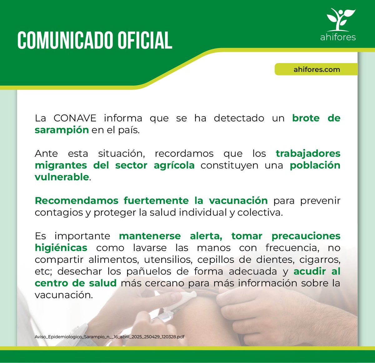 🚨 Brote de sarampión ⚠️​
 💉 ¡Vacúnate y protege tu salud!​
Reafirmamos nuestro compromiso con condiciones de trabajo óptimas. La prevención en cuestiones sanitarias es fundamental. ​

Mantente alerta y toma precauciones.