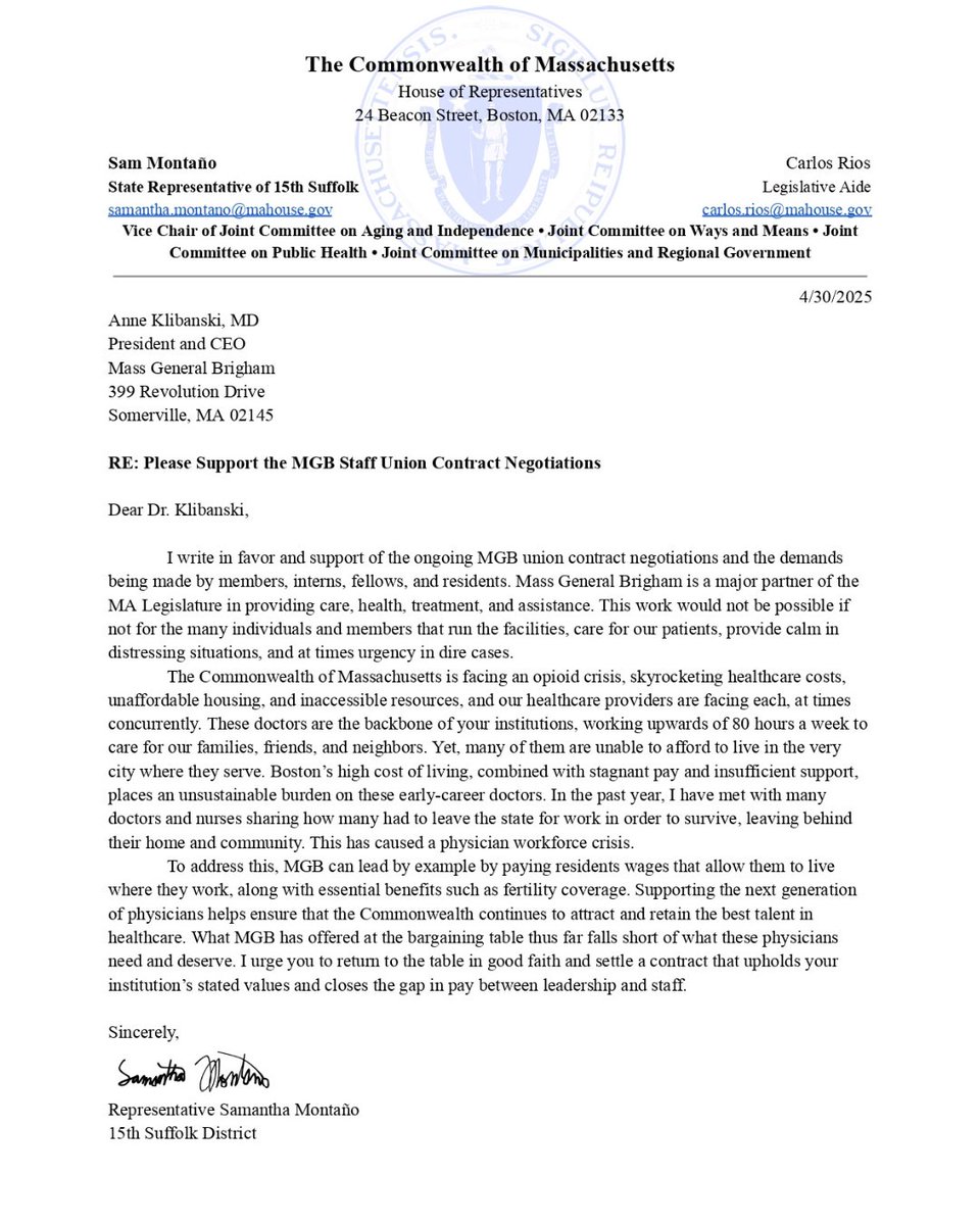 CIR/SEIU (@cirseiu) on Twitter photo Our collective effort to win a fair contract for residents and fellows at
<a href="/MassGenBrigham/">Mass General Brigham</a> is rising 🔥🔥
Thank you to <a href="/SenWarren/">Elizabeth Warren</a> <a href="/RepPress/">Representative Press</a> <a href="/SenMikeMoore/">Michael O. Moore</a> <a href="/SamvMontano/">Samantha Montaño</a> for calling on <a href="/MassGenBrigham/">Mass General Brigham</a> & CEO Dr. Anne Klibanski to negotiate in good faith and settle a fair contract. Our collective effort to win a fair contract for residents and fellows at
<a href="/MassGenBrigham/">Mass General Brigham</a> is rising 🔥🔥
Thank you to <a href="/SenWarren/">Elizabeth Warren</a> <a href="/RepPress/">Representative Press</a> <a href="/SenMikeMoore/">Michael O. Moore</a> <a href="/SamvMontano/">Samantha Montaño</a> for calling on <a href="/MassGenBrigham/">Mass General Brigham</a> & CEO Dr. Anne Klibanski to negotiate in good faith and settle a fair contract.