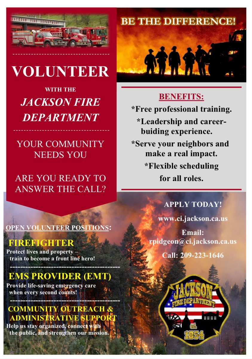 Considering volunteering? Looking to give back to your community? We offer diverse opportunities at the Jackson Fire Department. All positions include free training and flexible time commitments.

<a href="/LedgerDispatch/">Ledger Dispatch</a> <a href="/KVGC1340AM/">KVGC 1340AM & 96.5FM</a> <a href="/mymotherlode/">MyMotherLode.com</a>
